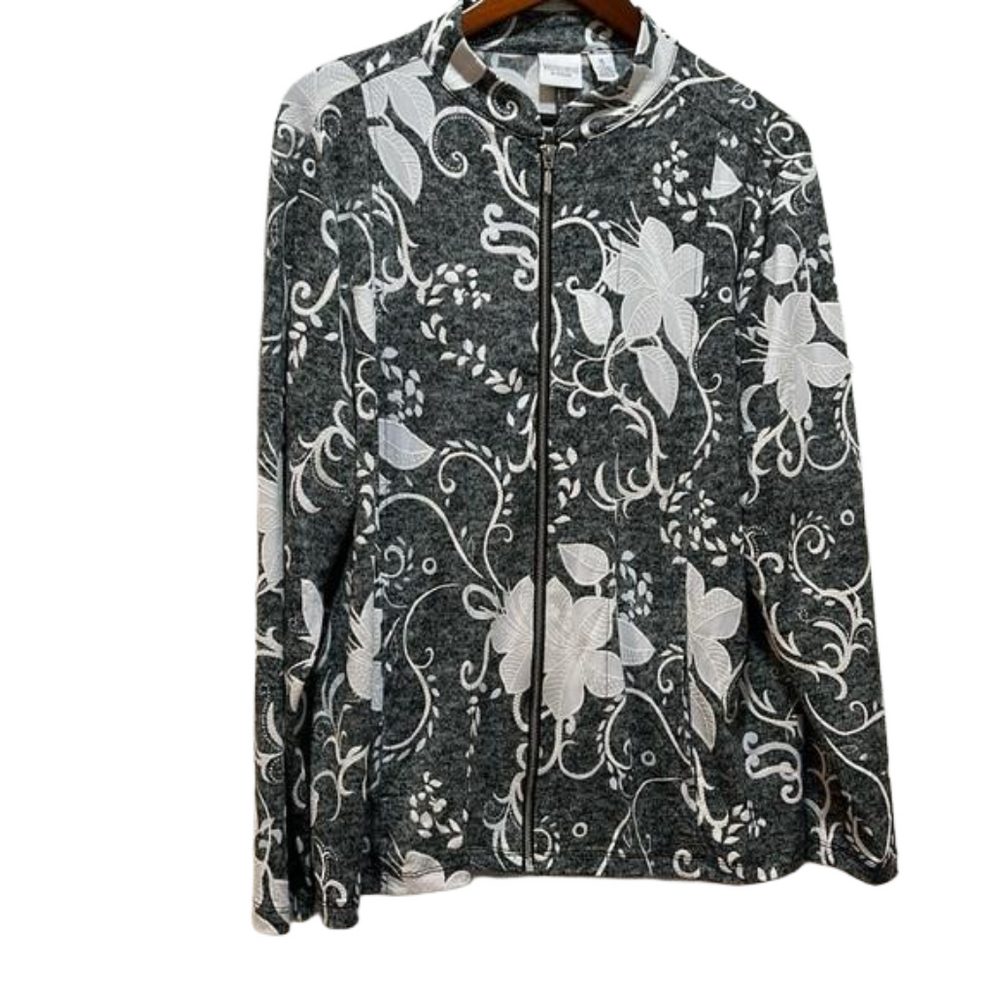 Weekends by Chicos gray and white flowers jacket size 3 GUC..